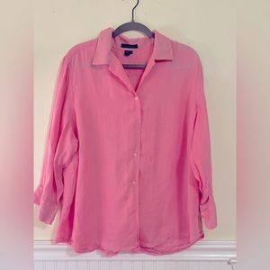 Lauren Ralph Lauren Pink Linen Long Sleeve Collared Button Down Shirt - Size 1X